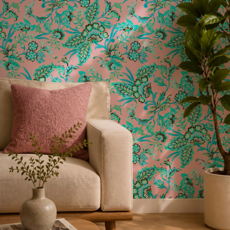 Petal Prowl Wallpaper in Teal on Pink