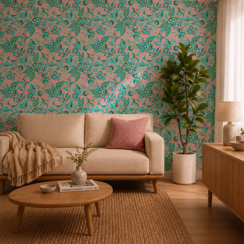 Petal Prowl Wallpaper in Teal on Pink