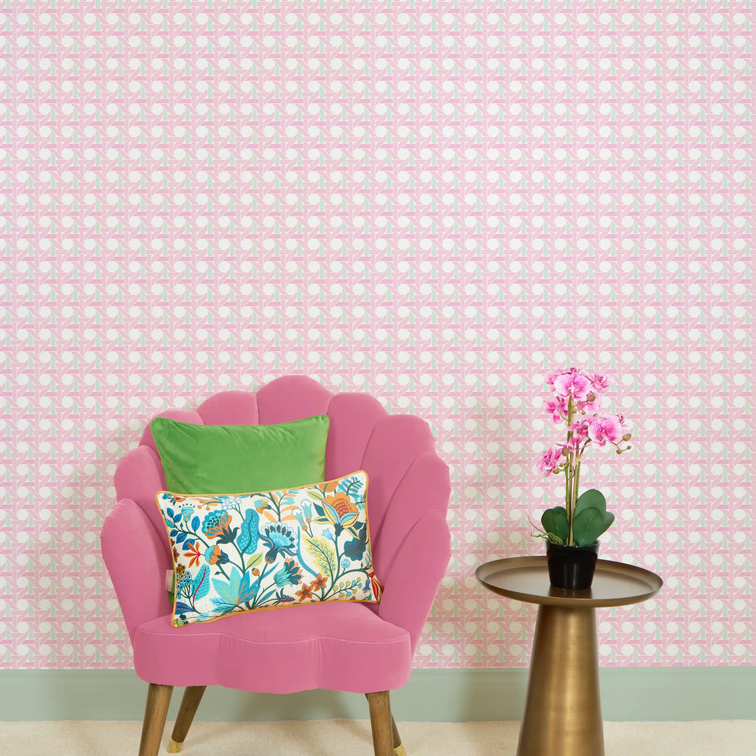 Rattan Resort Wallpaper in Pink and Mint
