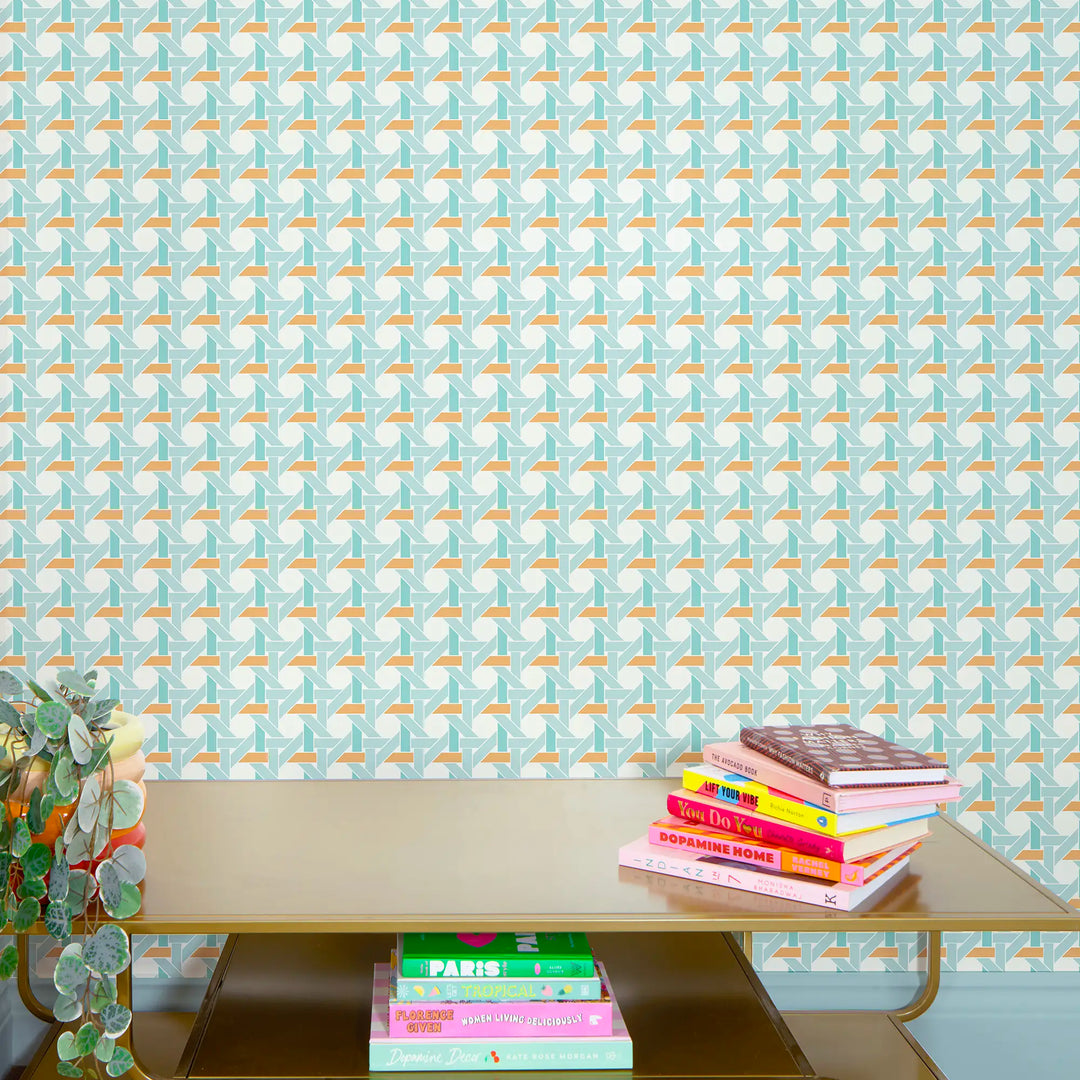 Rattan Resort Wallpaper in Turquoise and Orange