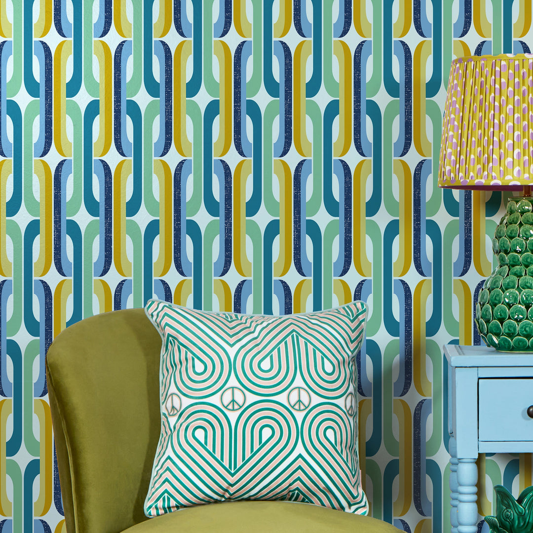 Retro Links Wallpaper in Blues and Yellows