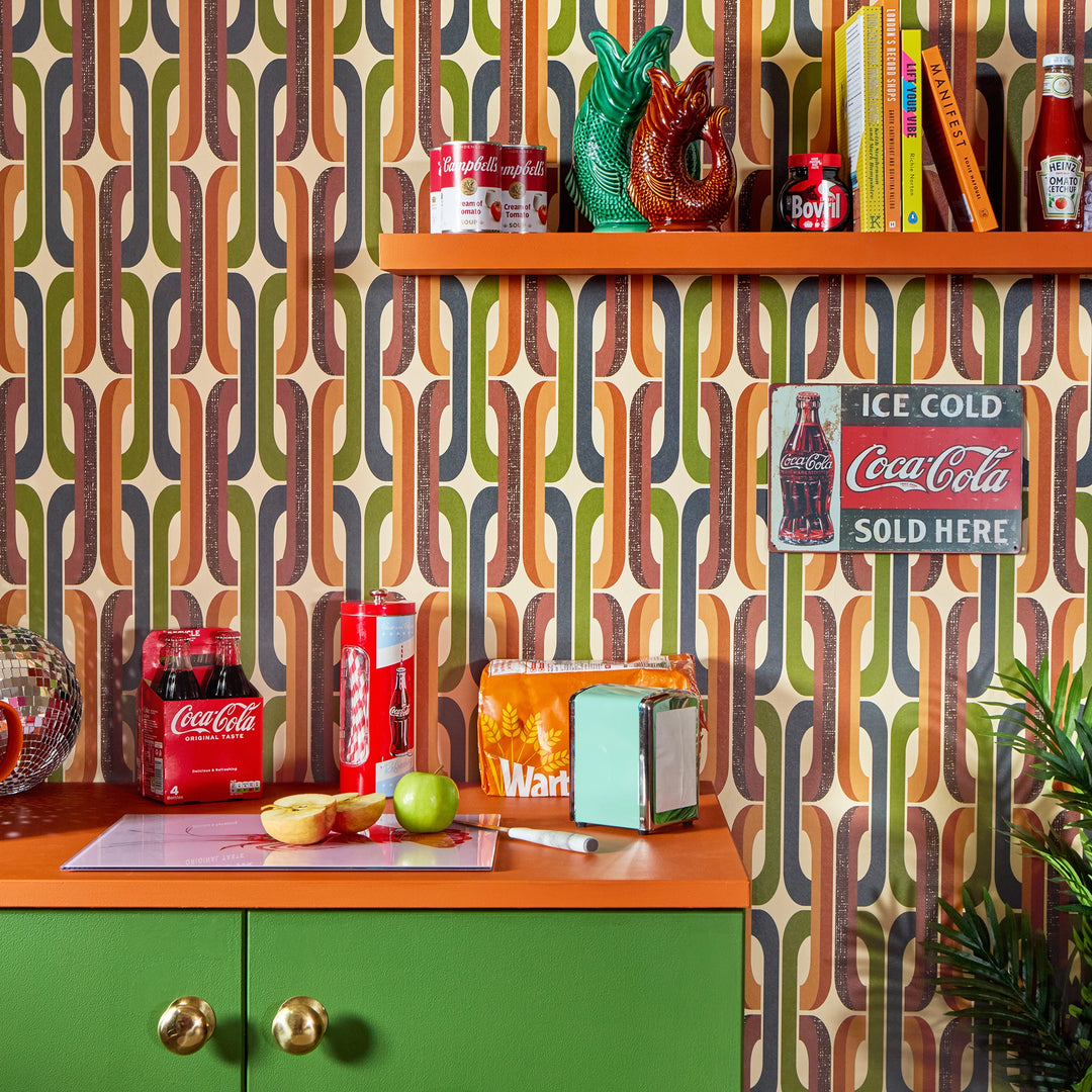 Retro Links Wallpaper in Orange and Avocado