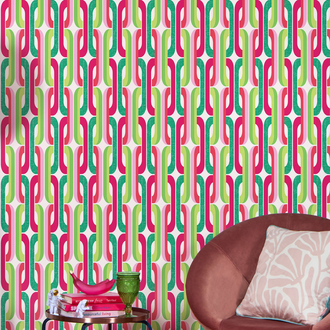 Retro Links Wallpaper in Pinks and Apple Greens