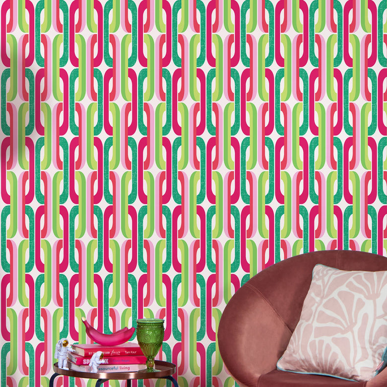 Retro Links Wallpaper in Pinks and Apple Greens
