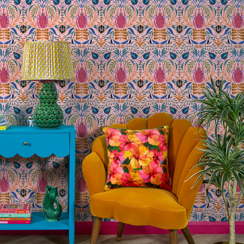 Sacred Scarabs Wallpaper in Hot Pink on Sweet Pink