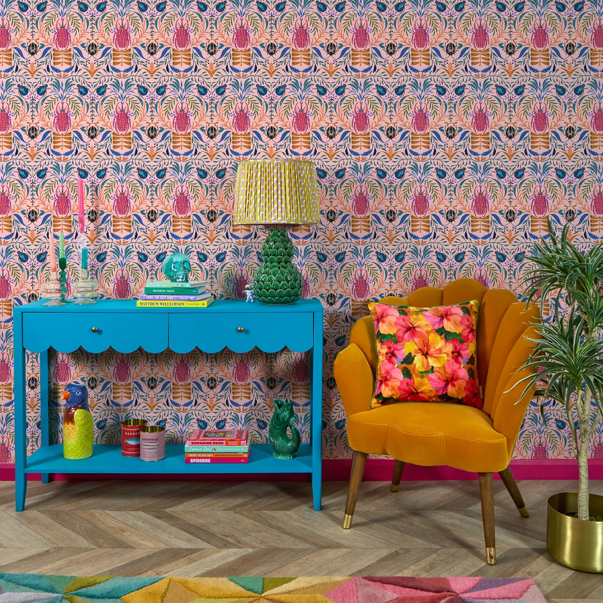 Sacred Scarabs Wallpaper in Hot Pink on Sweet Pink