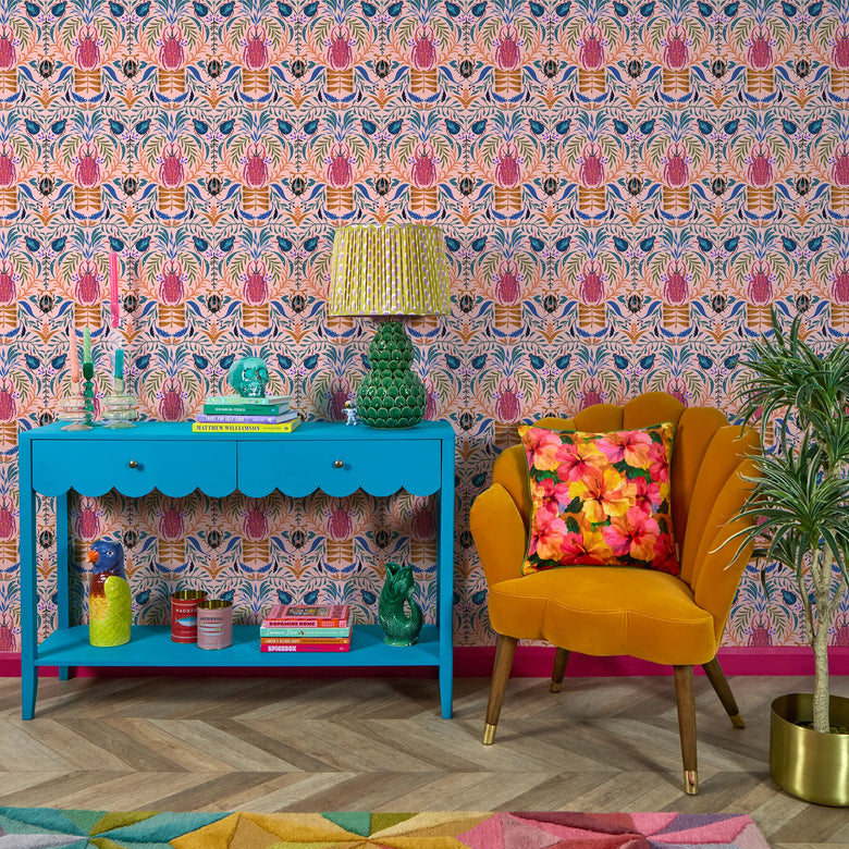 Sacred Scarabs Wallpaper in Hot Pink on Sweet Pink