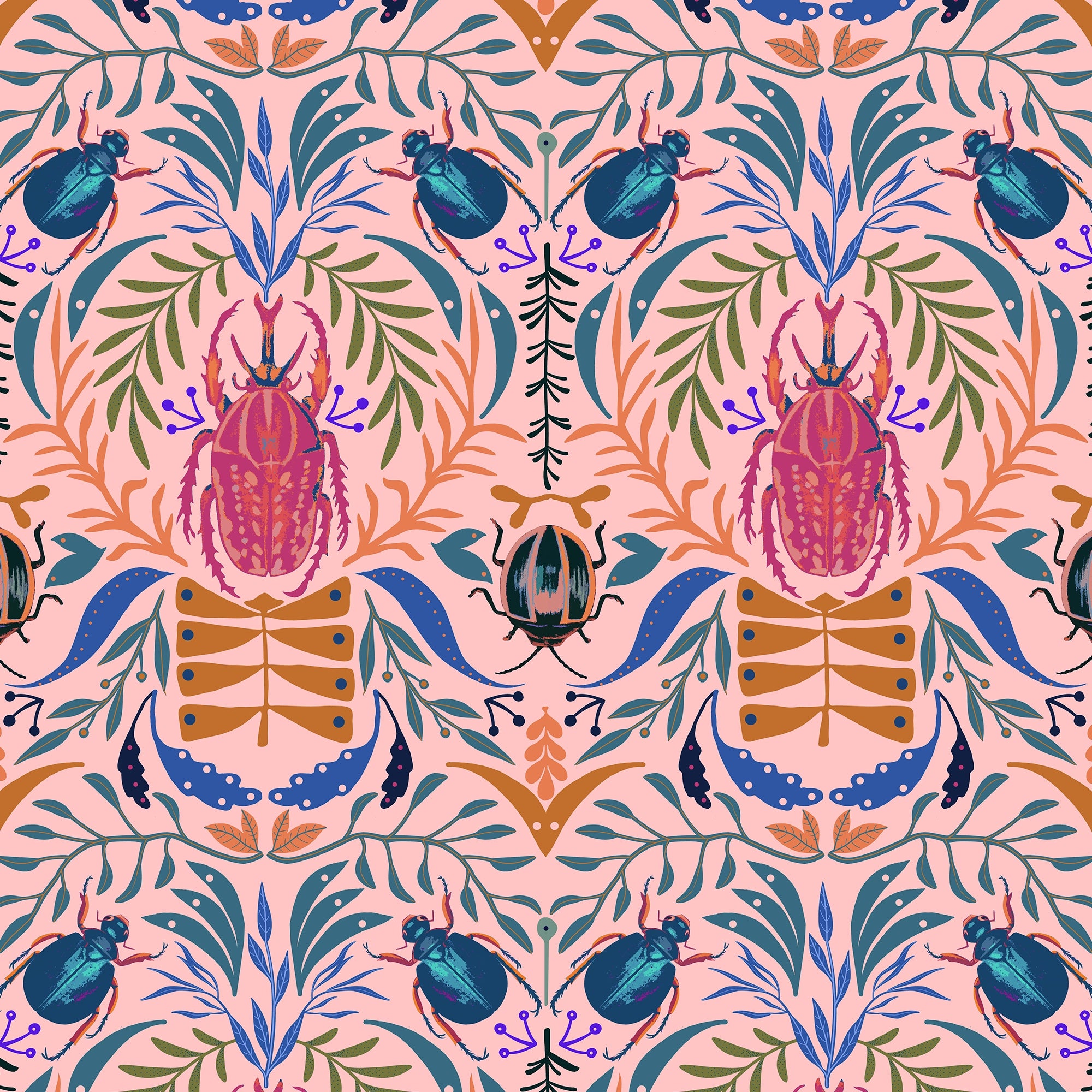 Sacred Scarabs Wallpaper in Hot Pink on Sweet Pink