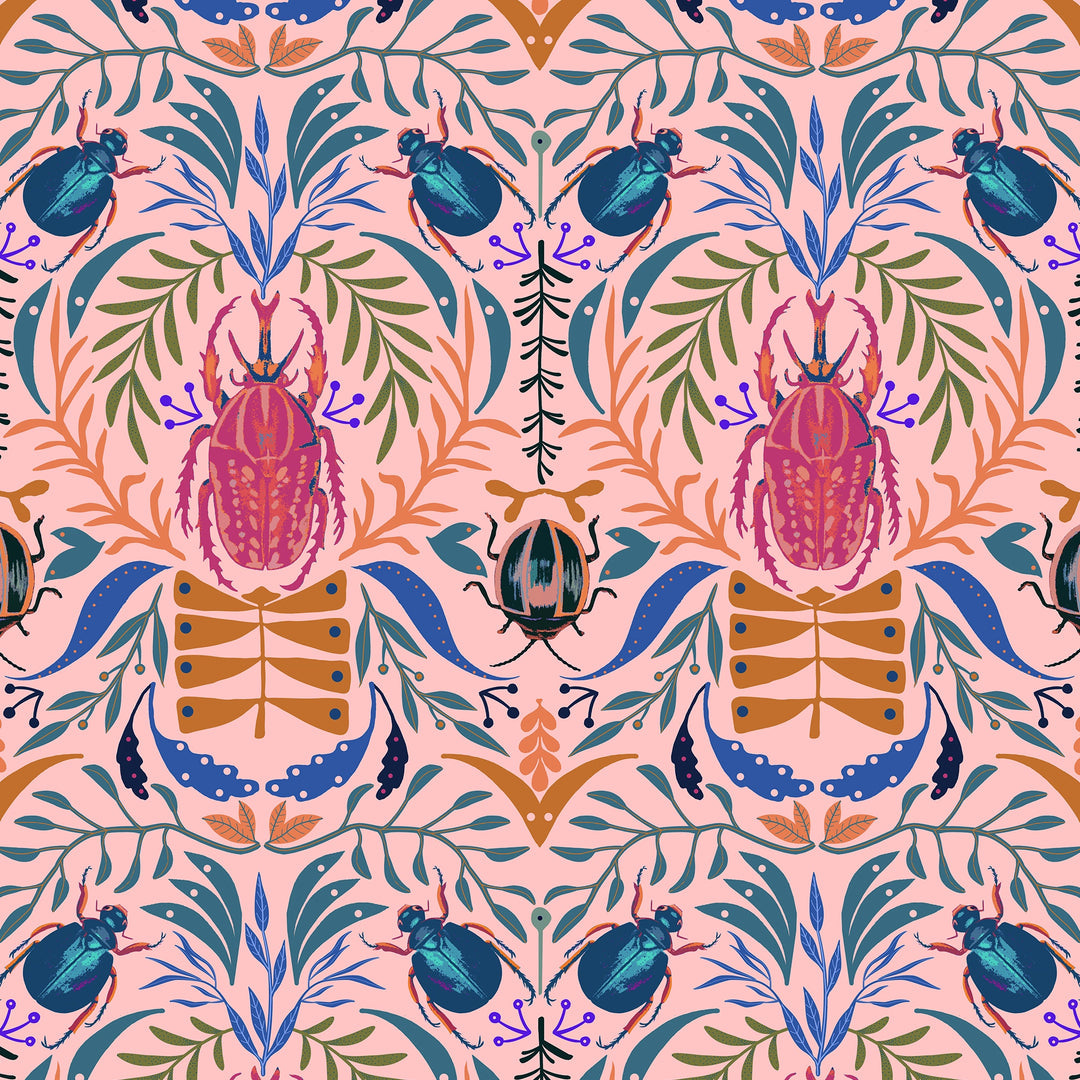 Sacred Scarabs Wallpaper in Hot Pink on Sweet Pink