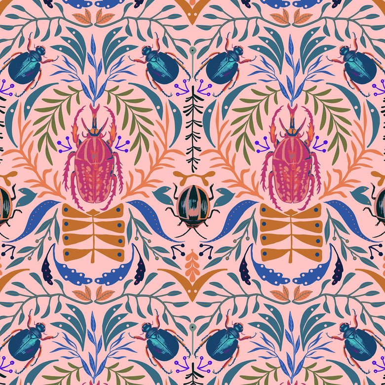 Sacred Scarabs Wallpaper in Hot Pink on Sweet Pink