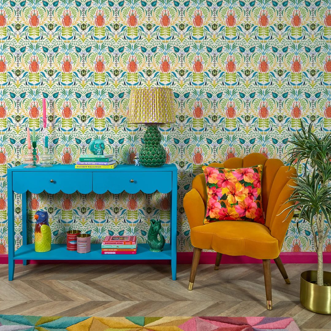 Sacred Scarabs Wallpaper in Orange and Turquoise on Vintage Cream