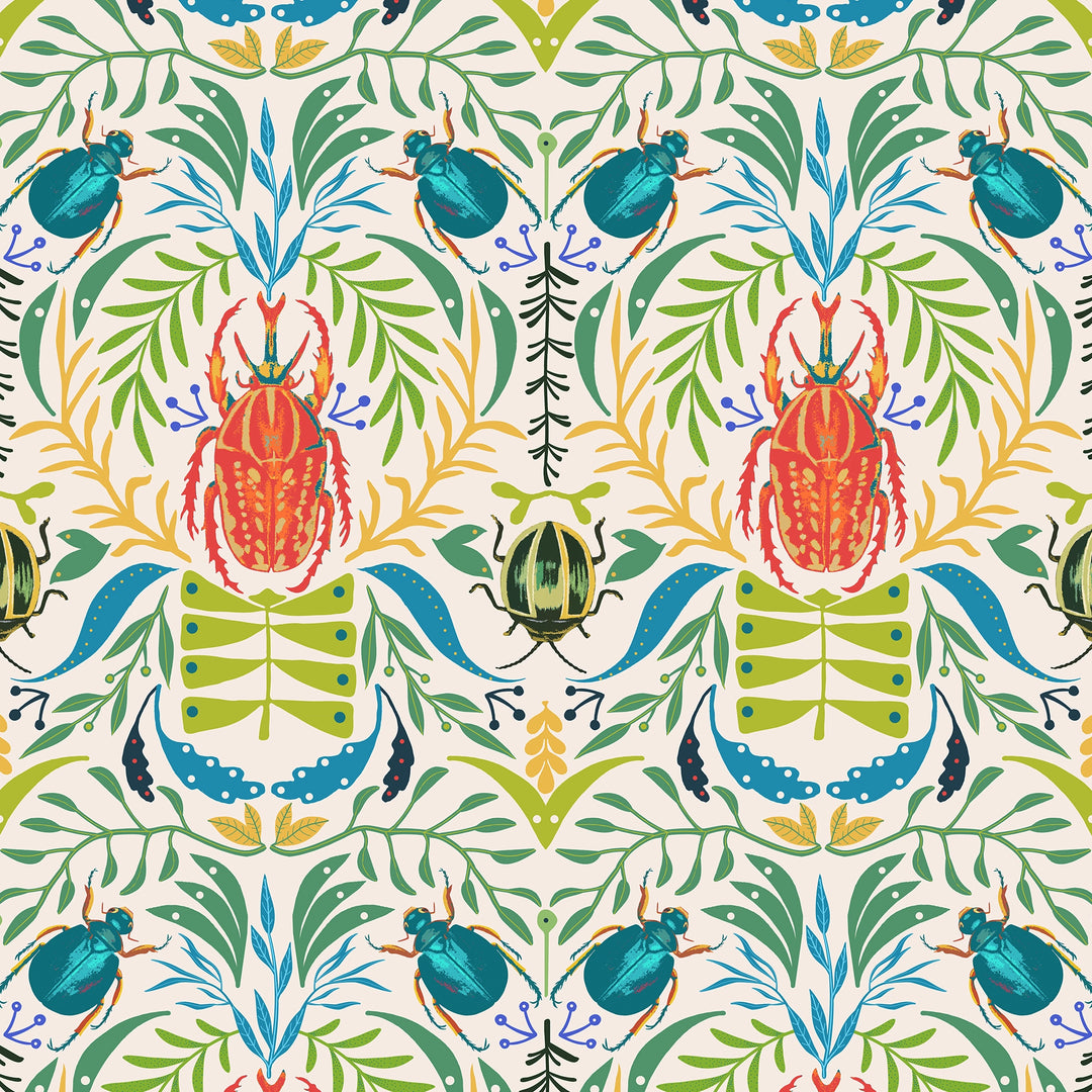 Sacred Scarabs Wallpaper in Orange and Turquoise on Vintage Cream