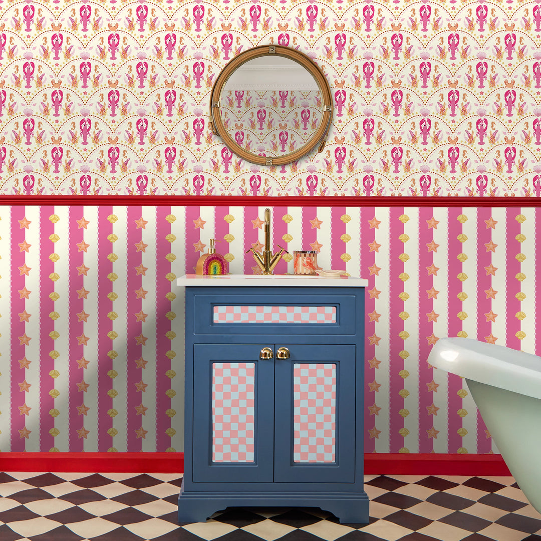 Seashell Stripe Wallpaper in Hot Pink and Cream