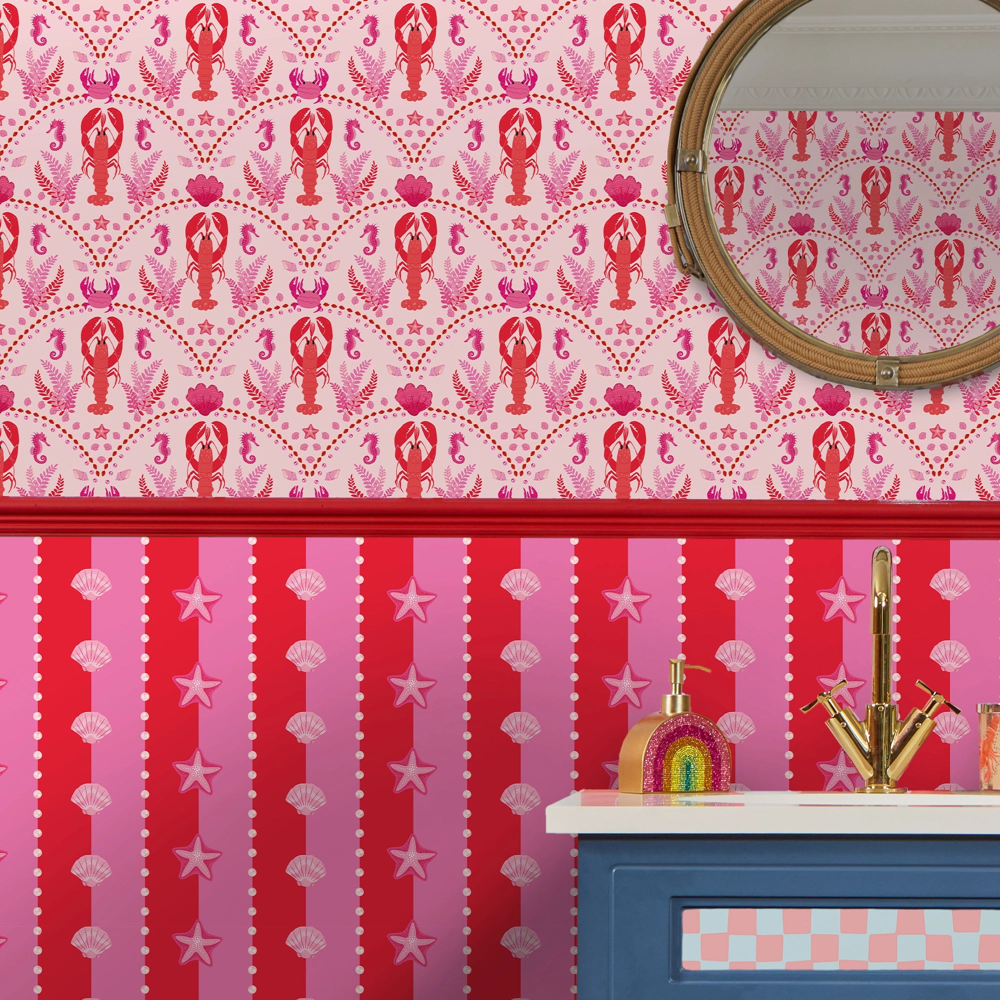 Seashell Stripe Wallpaper in Red and Hot Pink