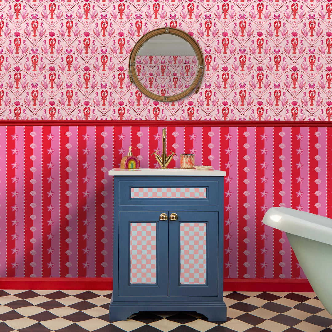 Seashell Stripe Wallpaper in Red and Hot Pink
