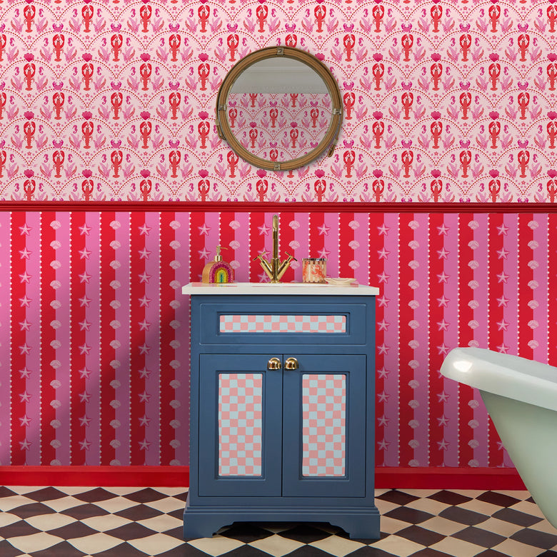 Seashell Stripe Wallpaper in Red and Hot Pink