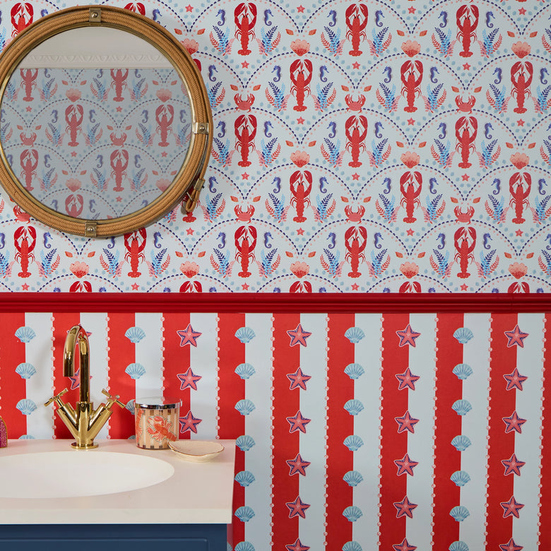 Seashell Stripe Wallpaper in Red and Sky Blue