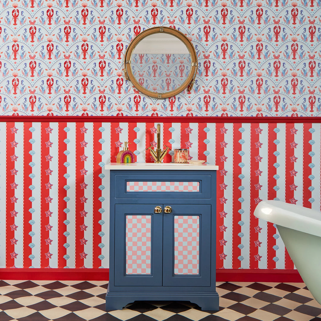Seashell Stripe Wallpaper in Red and Sky Blue