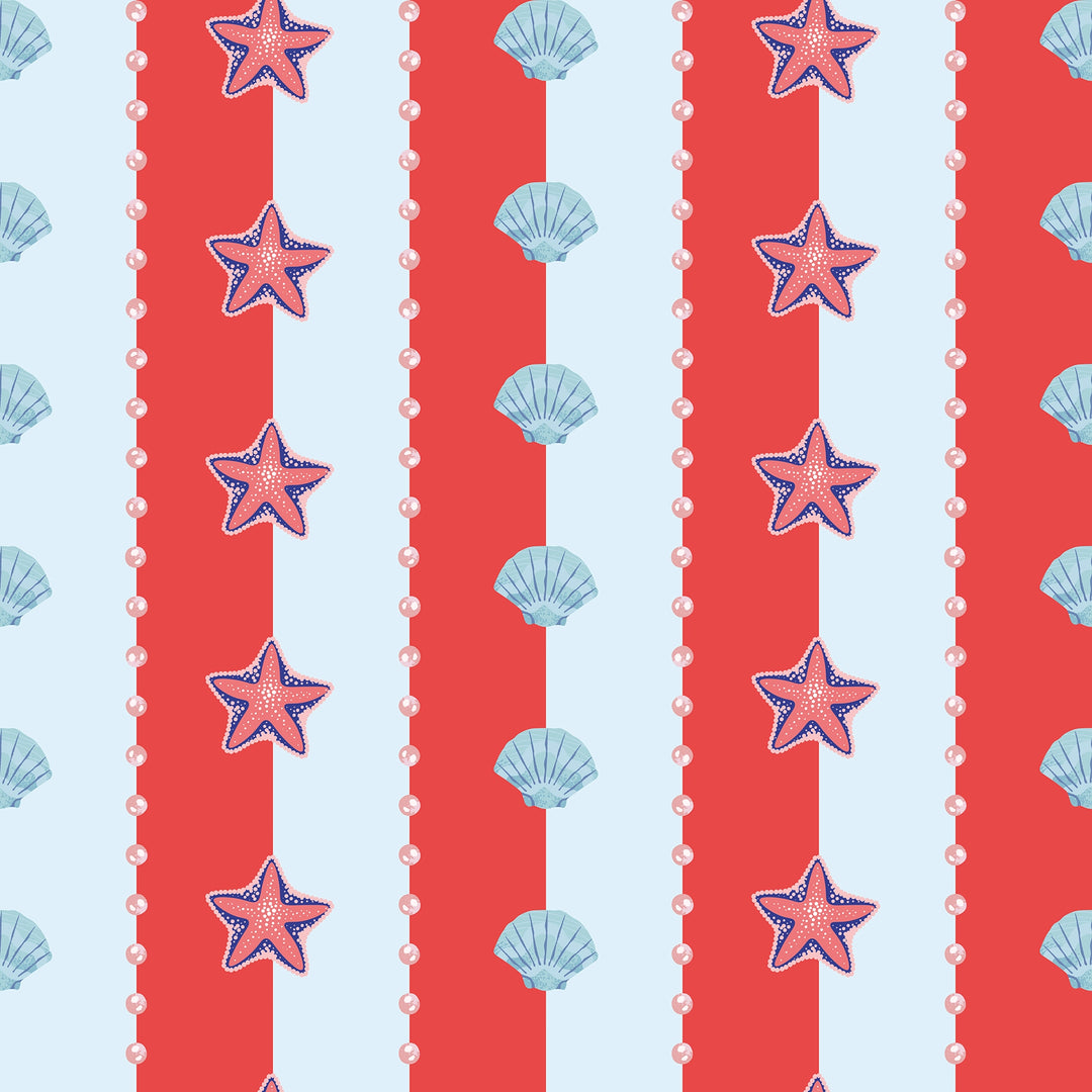 Seashell Stripe Wallpaper in Red and Sky Blue