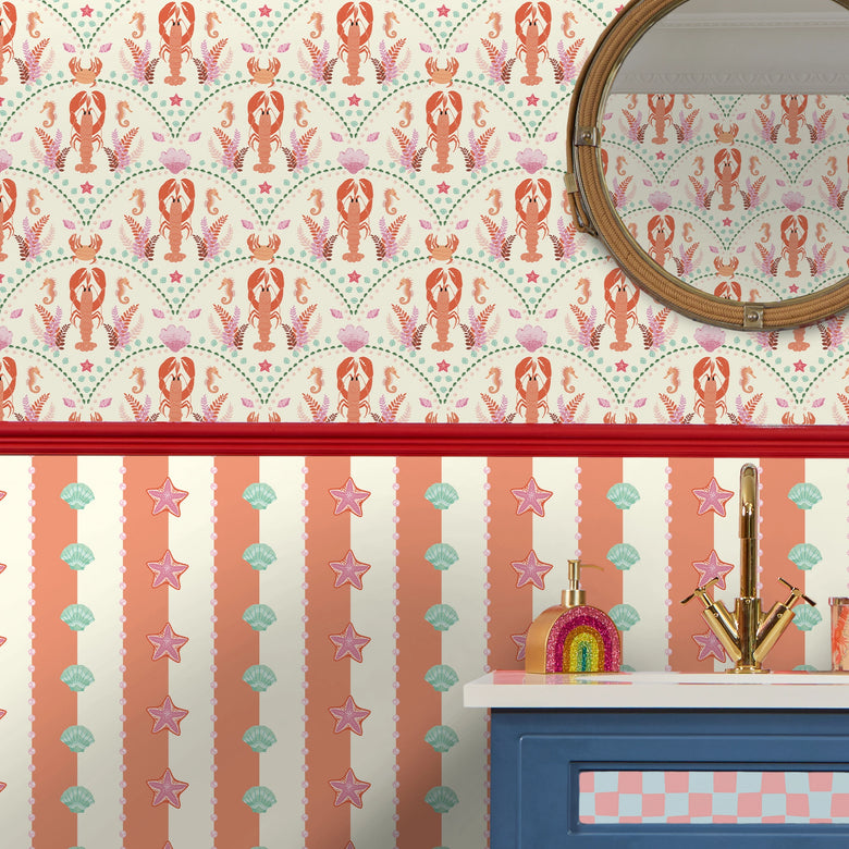 Seashell Stripe Wallpaper in Terracotta and Cream