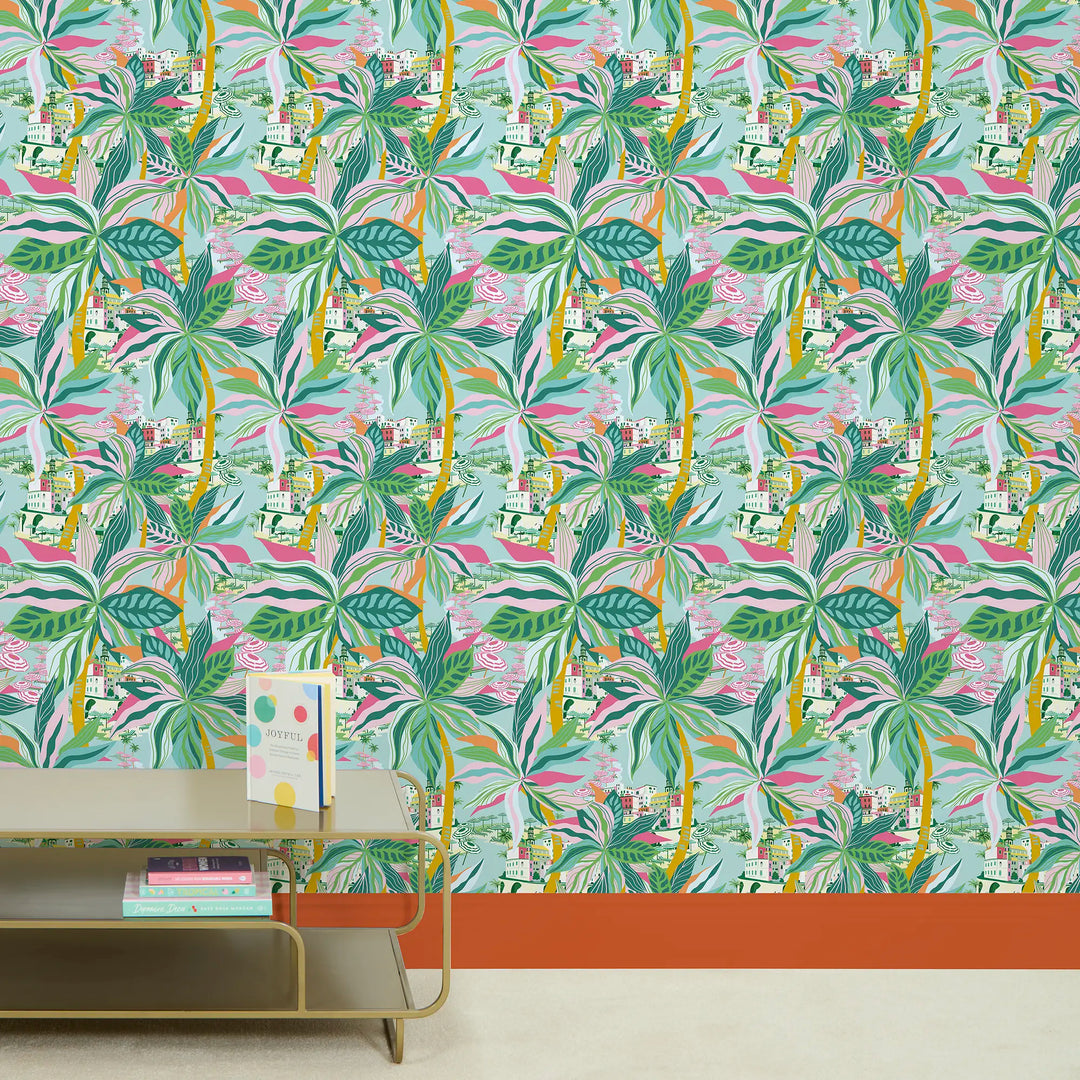 Secret Hideaway Wallpaper in Orange and Pinks on Mint