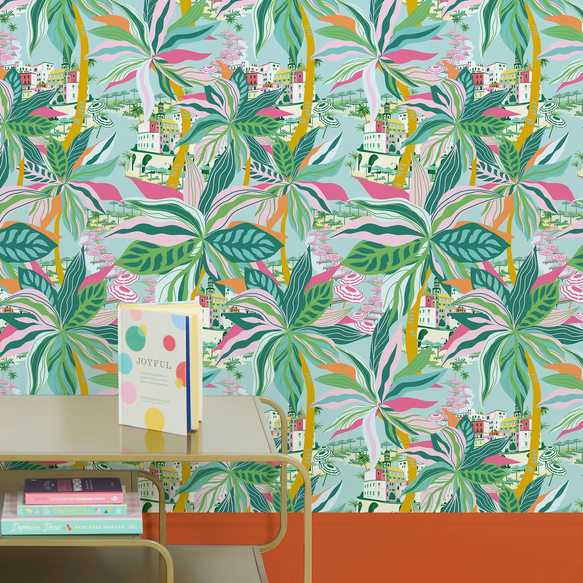 Secret Hideaway Wallpaper in Orange and Pinks on Mint
