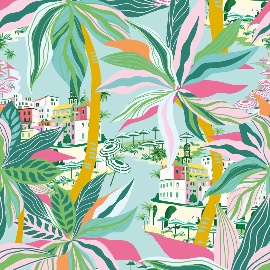Secret Hideaway Wallpaper in Orange and Pinks on Mint