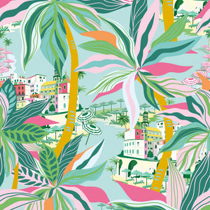 Secret Hideaway Wallpaper in Orange and Pinks on Mint