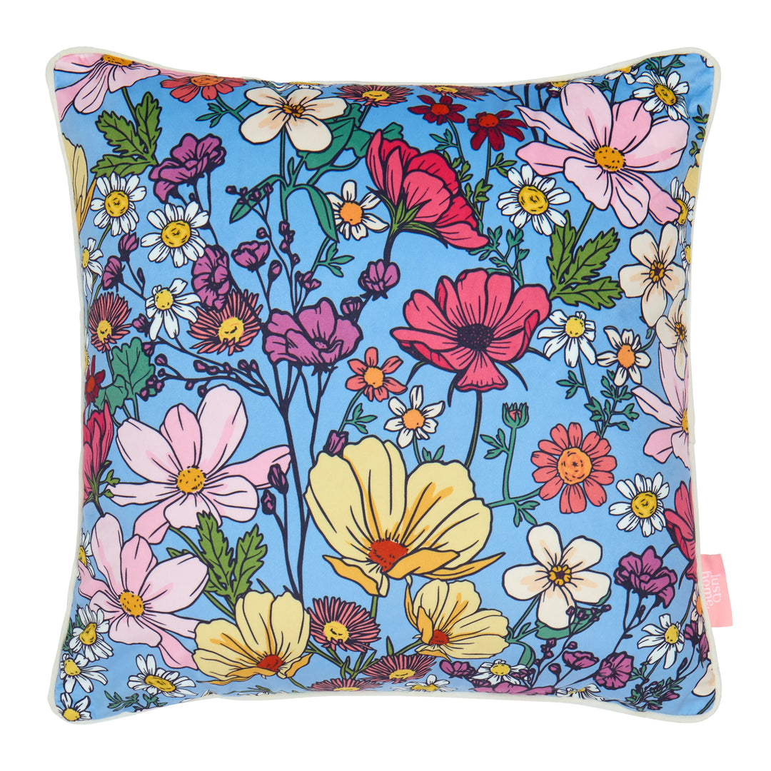She's a Wildflower Square Cushion in Brights on Blue