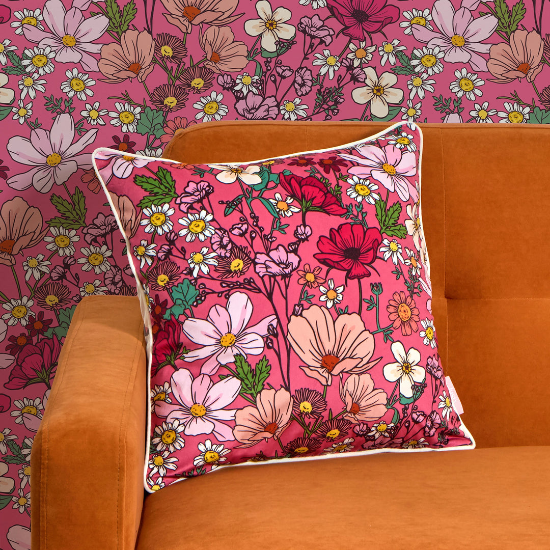 She's a Wildflower Square Cushion in Rose Pink