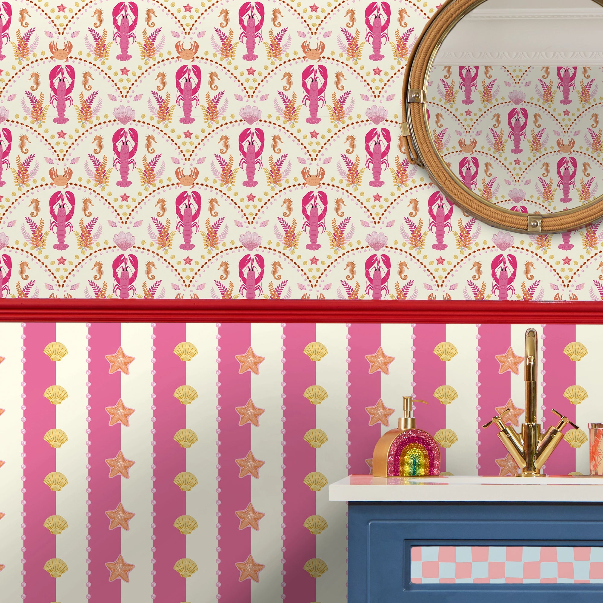 She's our Lobster Wallpaper in Pink and Orange on Cream