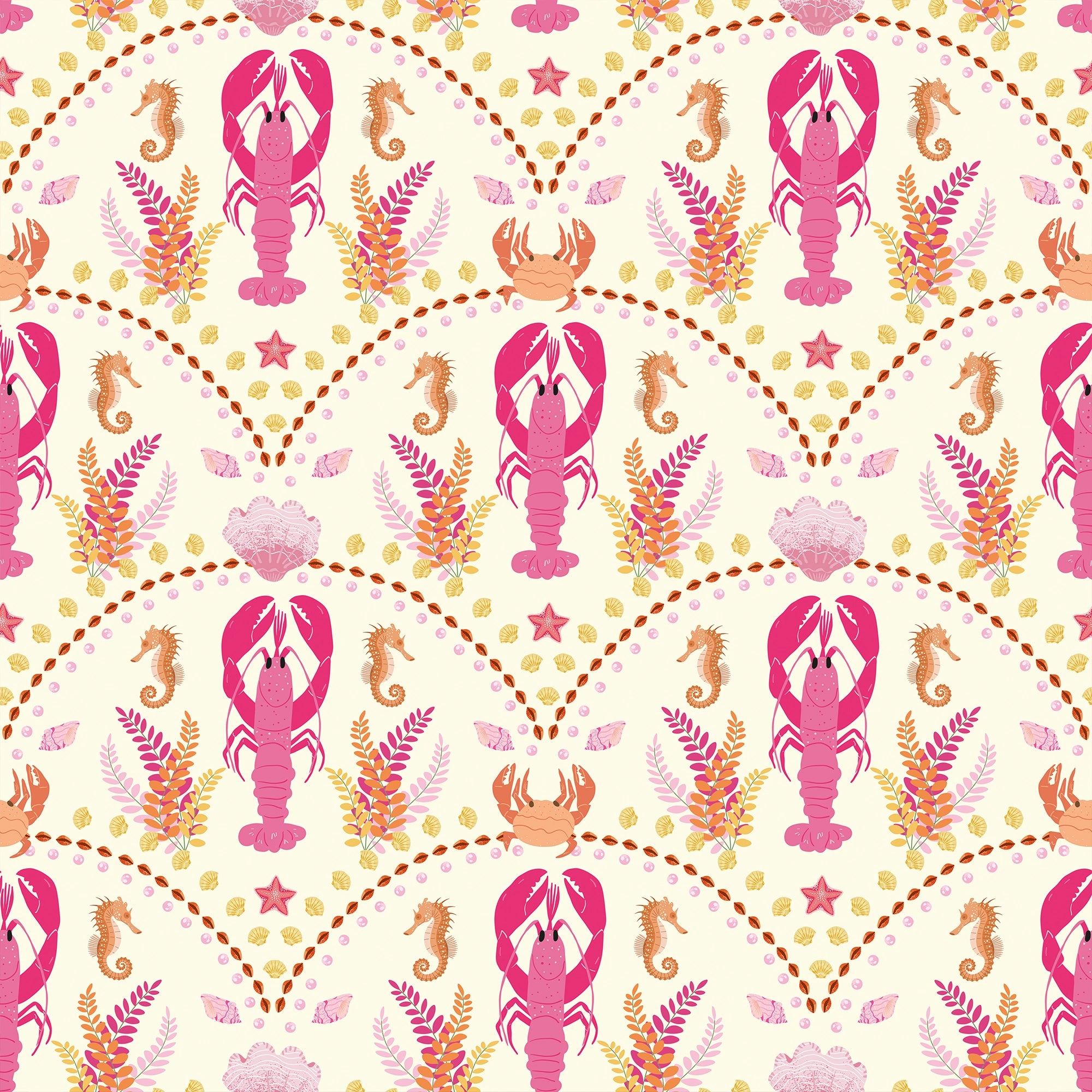 She's our Lobster Wallpaper in Pink and Orange on Cream