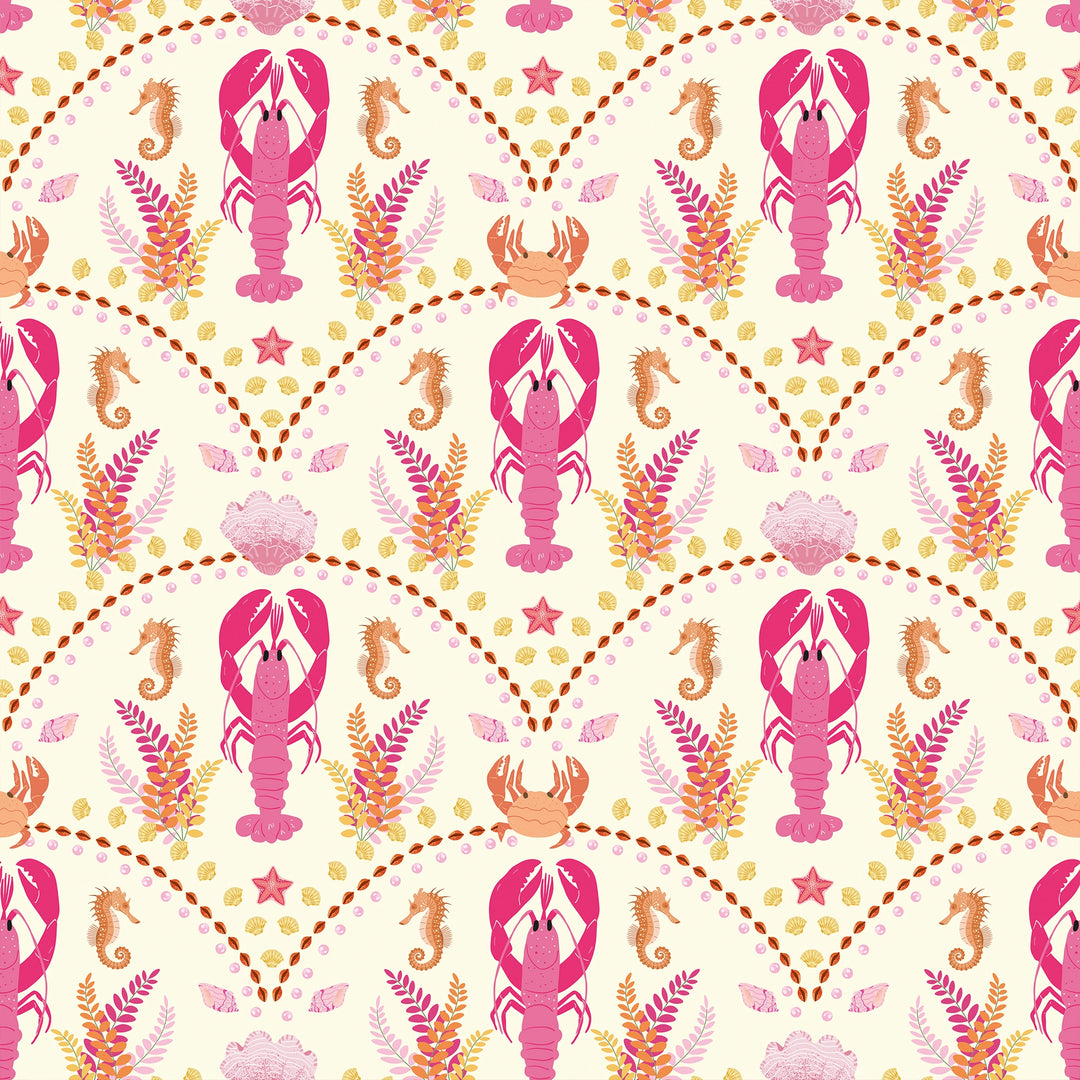 She's our Lobster Wallpaper in Pink and Orange on Cream