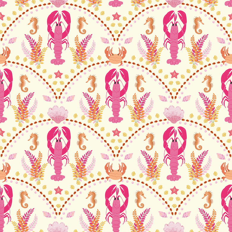 She's our Lobster Wallpaper in Pink and Orange on Cream