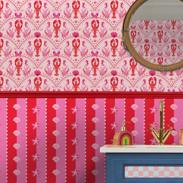 She's our Lobster Wallpaper in Red and Hot Pink on Pink