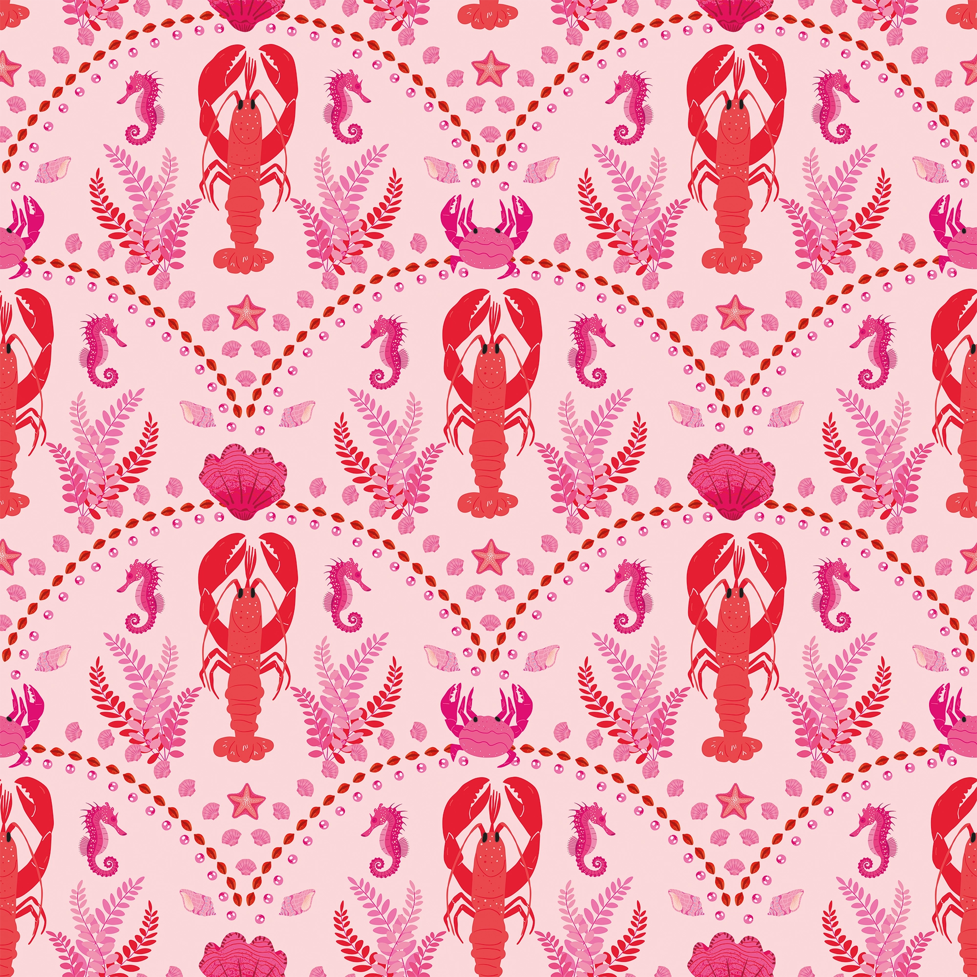 She's our Lobster Wallpaper in Red and Hot Pink on Pink
