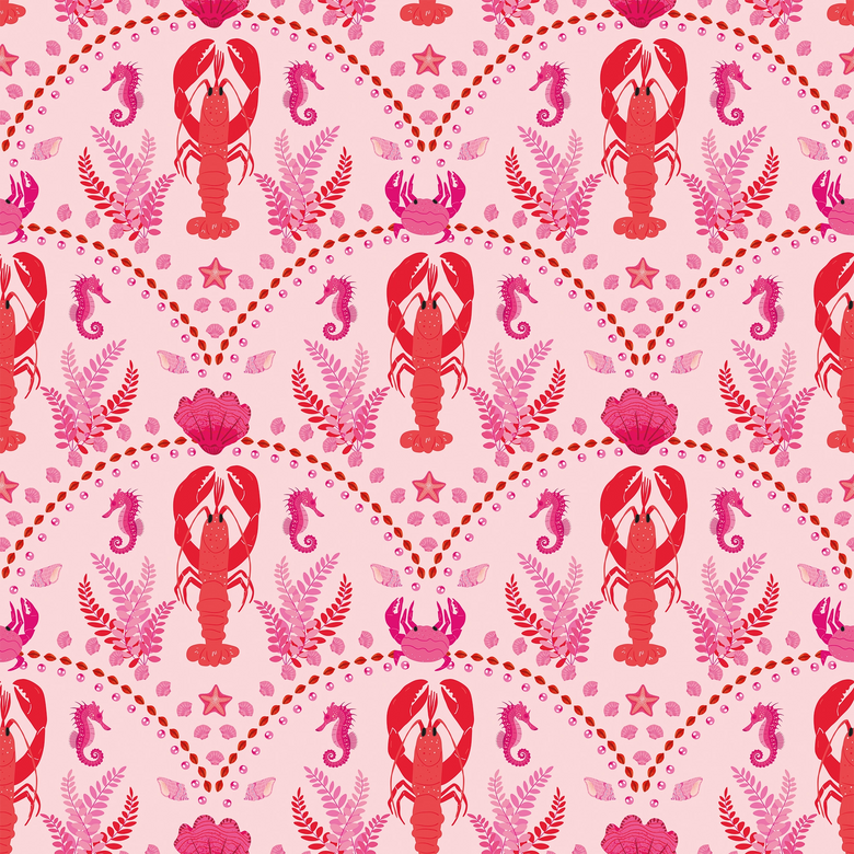 She's our Lobster Wallpaper in Red and Hot Pink on Pink