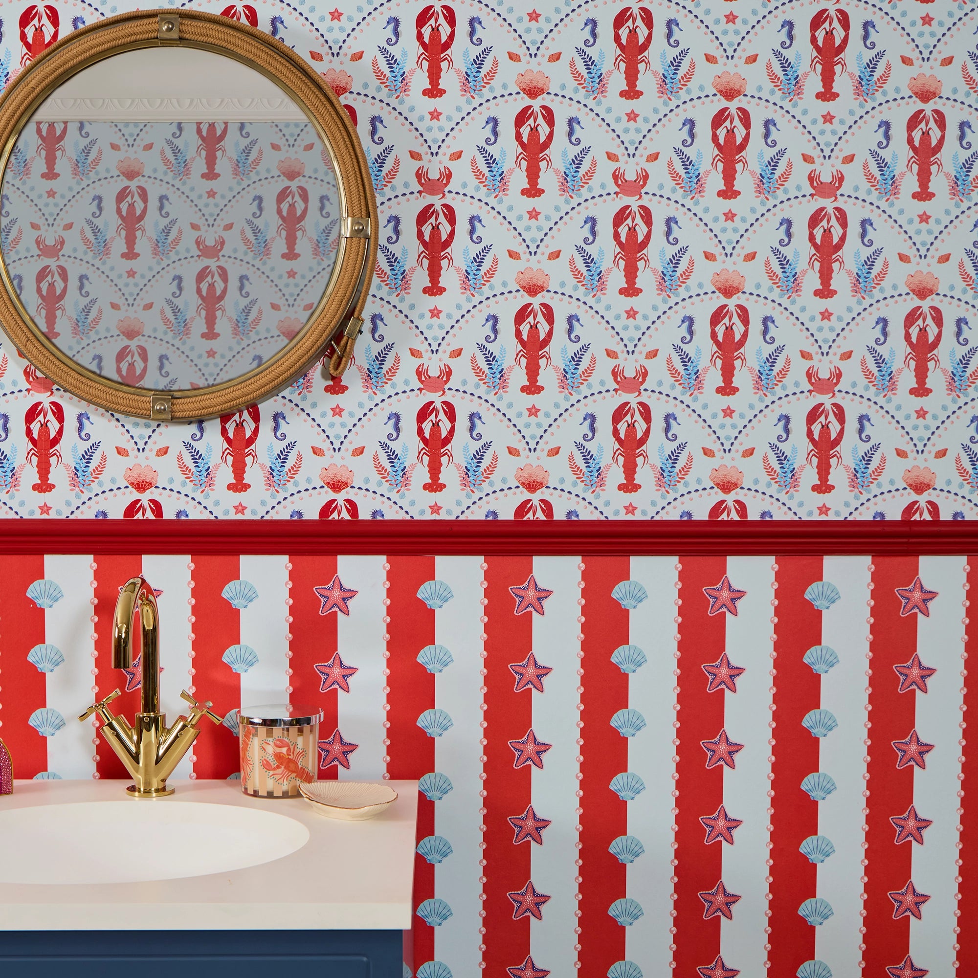 She's our Lobster Wallpaper in Red and Navy on Sky Blue