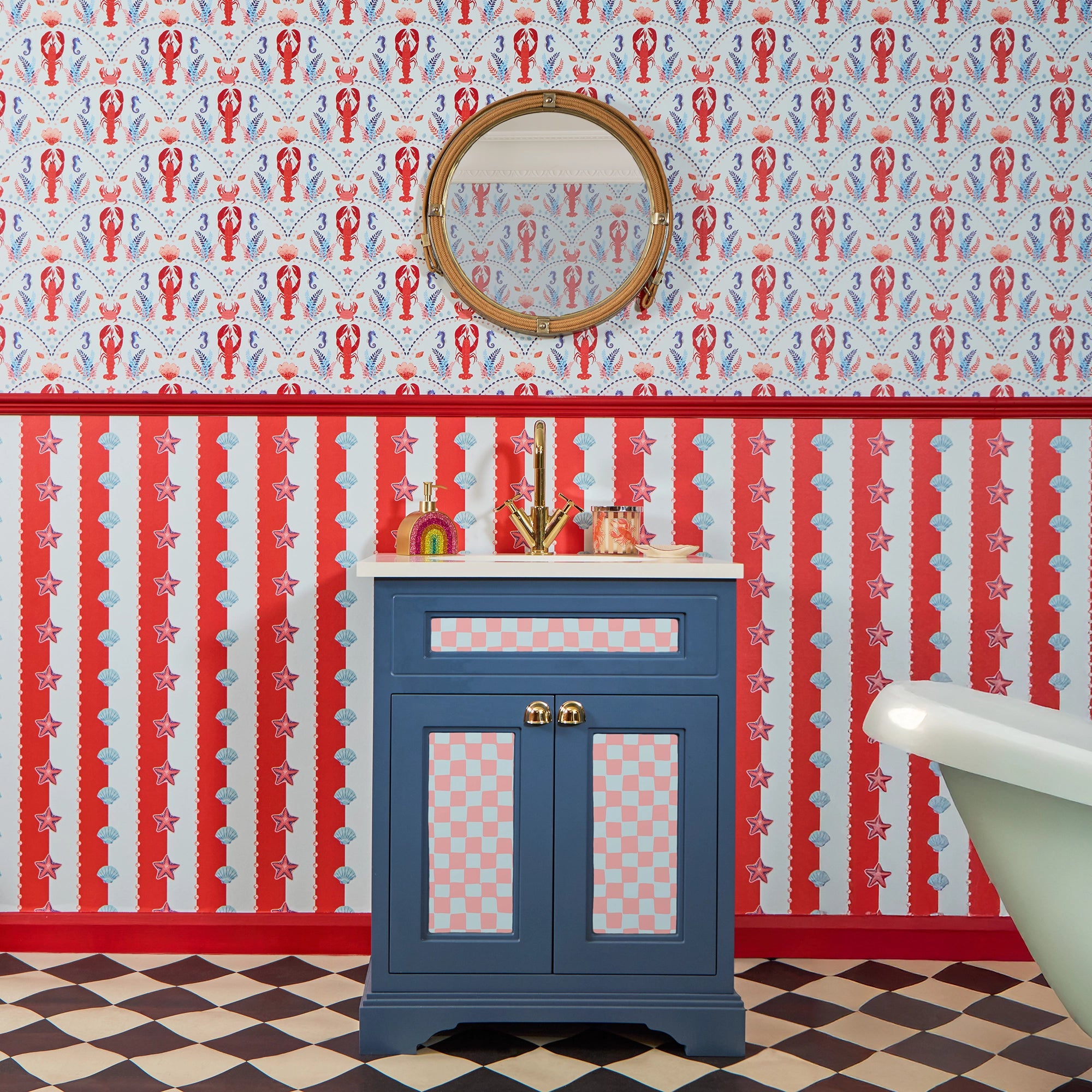 She's our Lobster Wallpaper in Red and Navy on Sky Blue