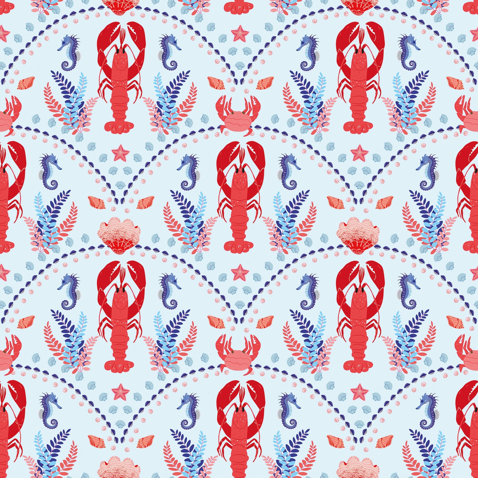 She's our Lobster Wallpaper in Red and Navy on Sky Blue