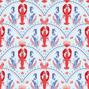 She's our Lobster Wallpaper in Red and Navy on Sky Blue
