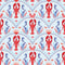 She's our Lobster Wallpaper in Red and Navy on Sky Blue