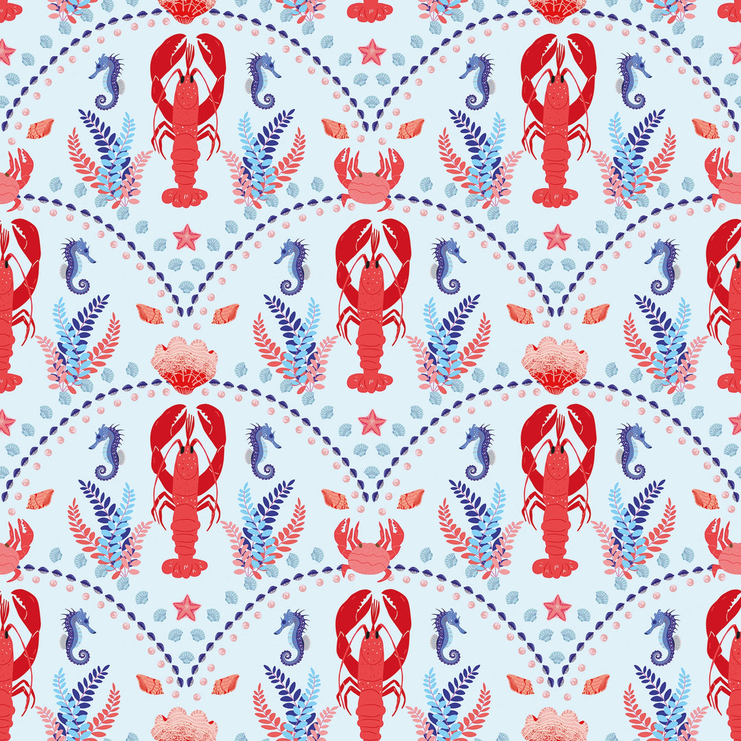 She's our Lobster Wallpaper in Red and Navy on Sky Blue