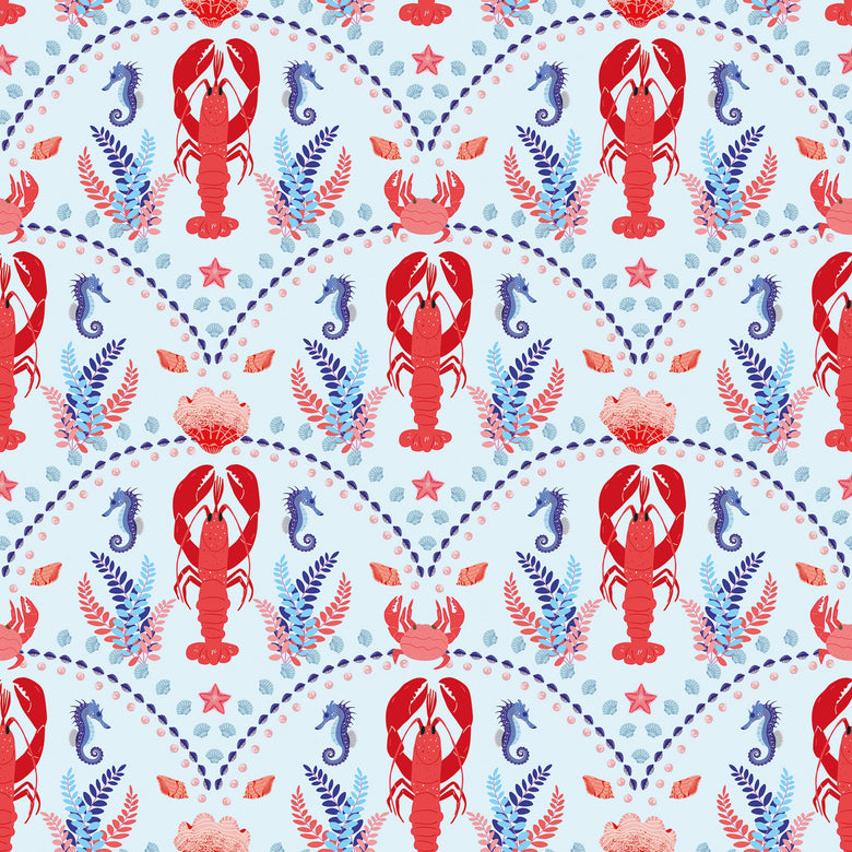 She's our Lobster Wallpaper in Red and Navy on Sky Blue