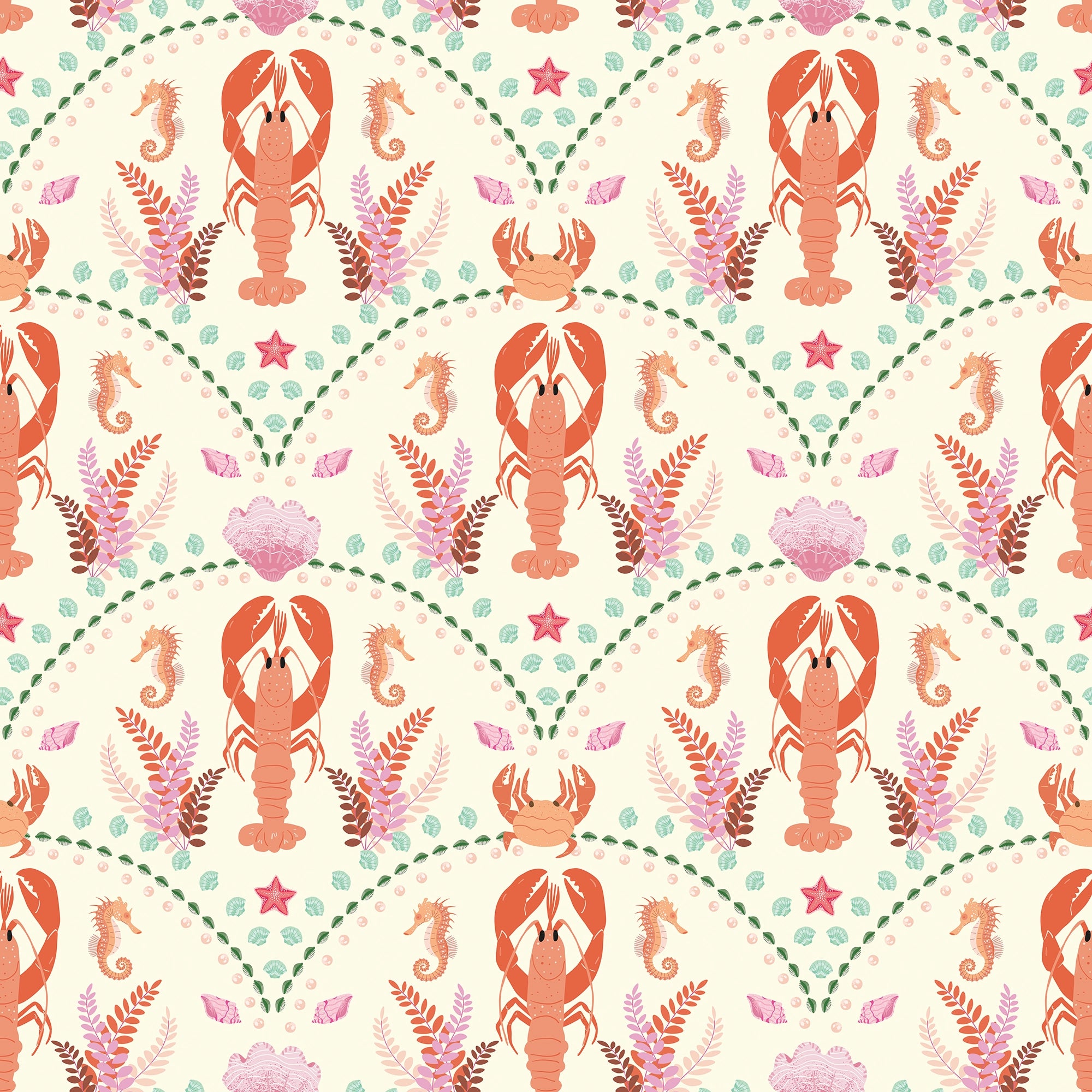 She's our Lobster Wallpaper in Terracotta and Greens on Cream