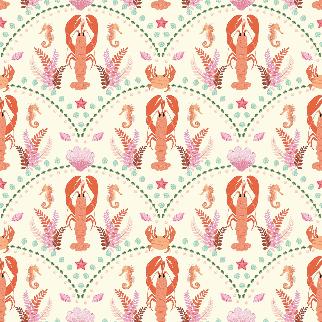 She's our Lobster Wallpaper in Terracotta and Greens on Cream