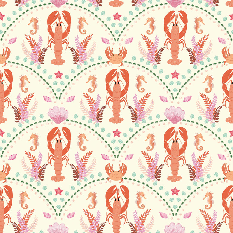 She's our Lobster Wallpaper in Terracotta and Greens on Cream