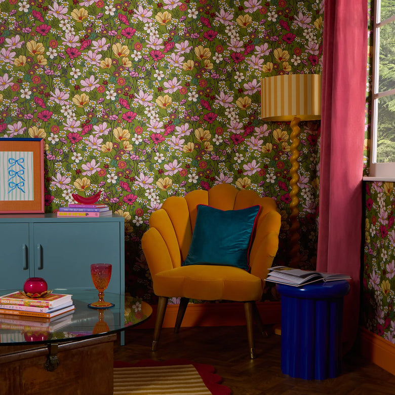 She's a Wildflower Wallpaper in Forest Green