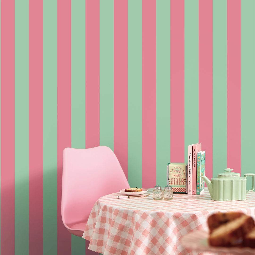 Signature Stripe Wallpaper in Dusky Pink and Green