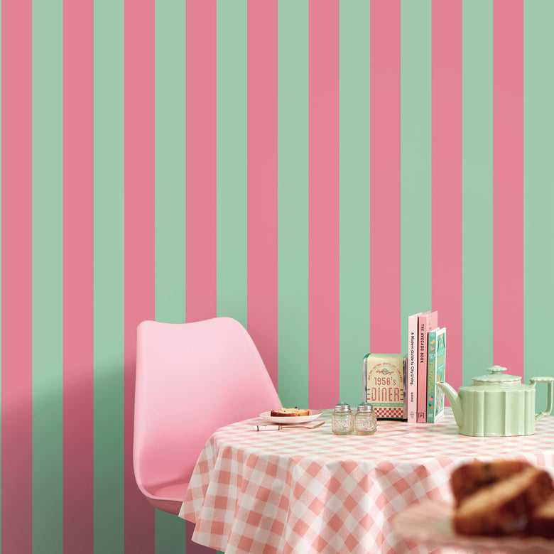 Signature Stripe Wallpaper in Dusky Pink and Green